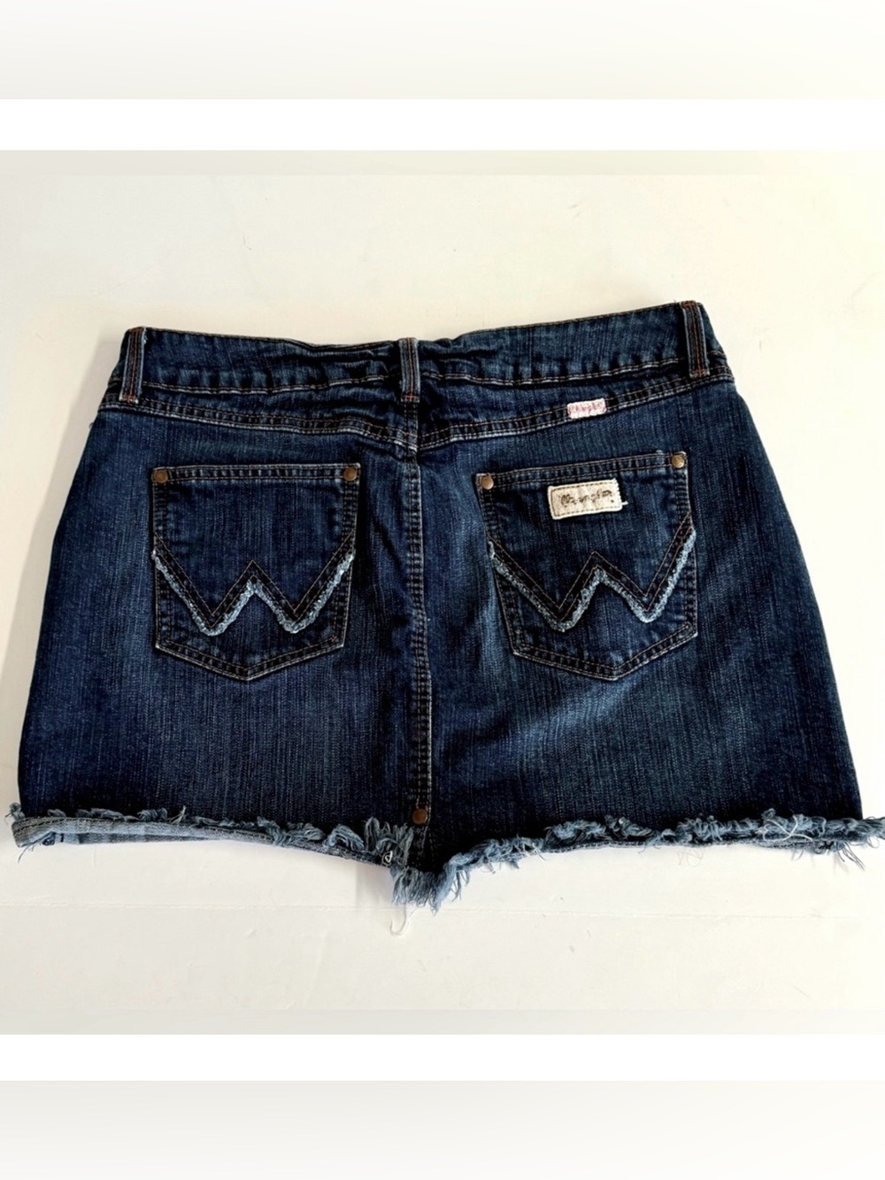 Vintage Wrangler Blue Denim Micro Mini Skirt with Frayed Hem.Size 11/12